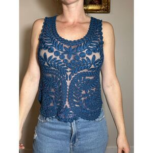 Anthropologie Brand Baraschi Blue Sheer Lace Top Size XS
